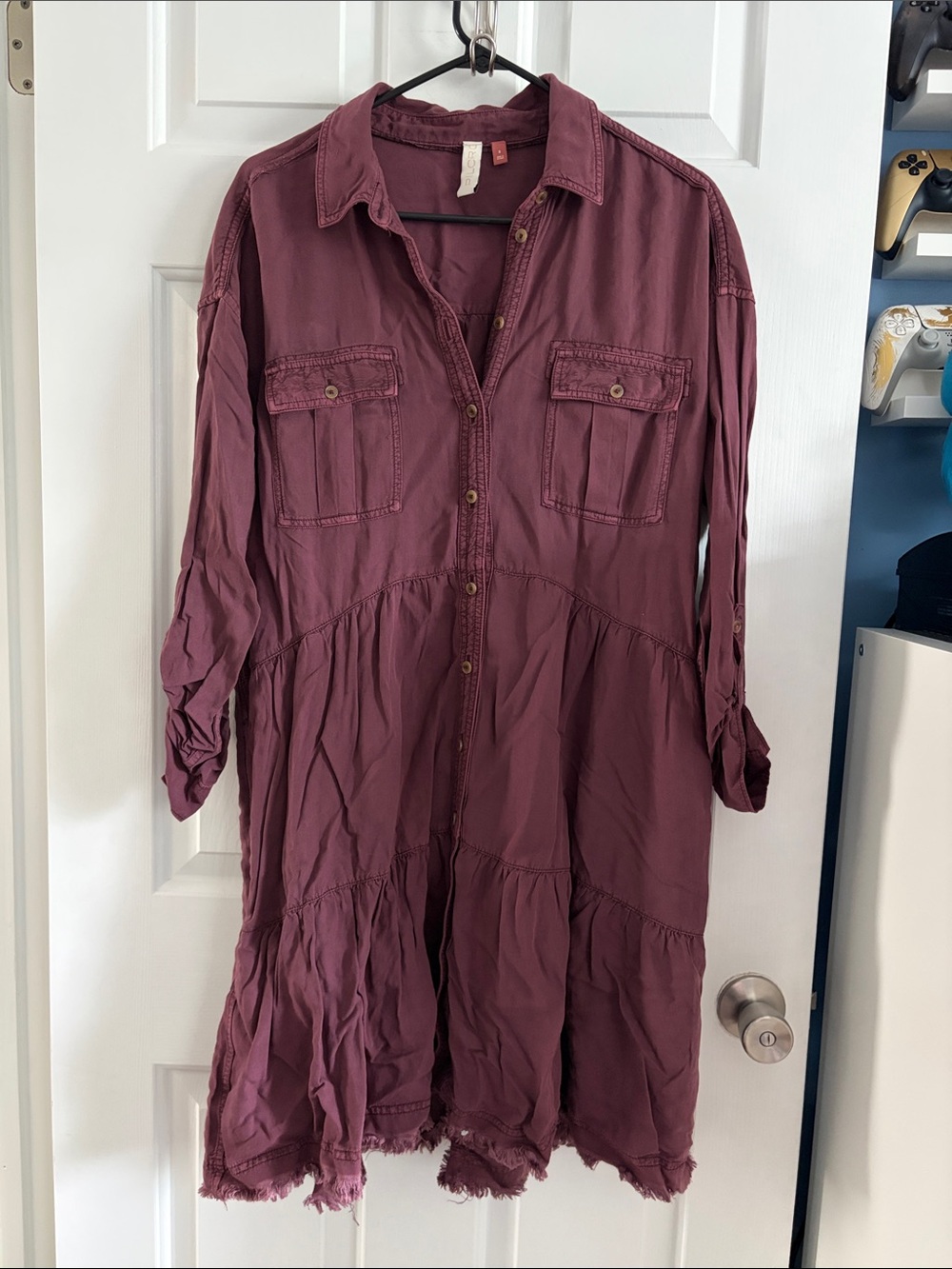 Anthropologie Pilcro Boho Roll Tab Linen Tiered Mini Shirt Dress Size S